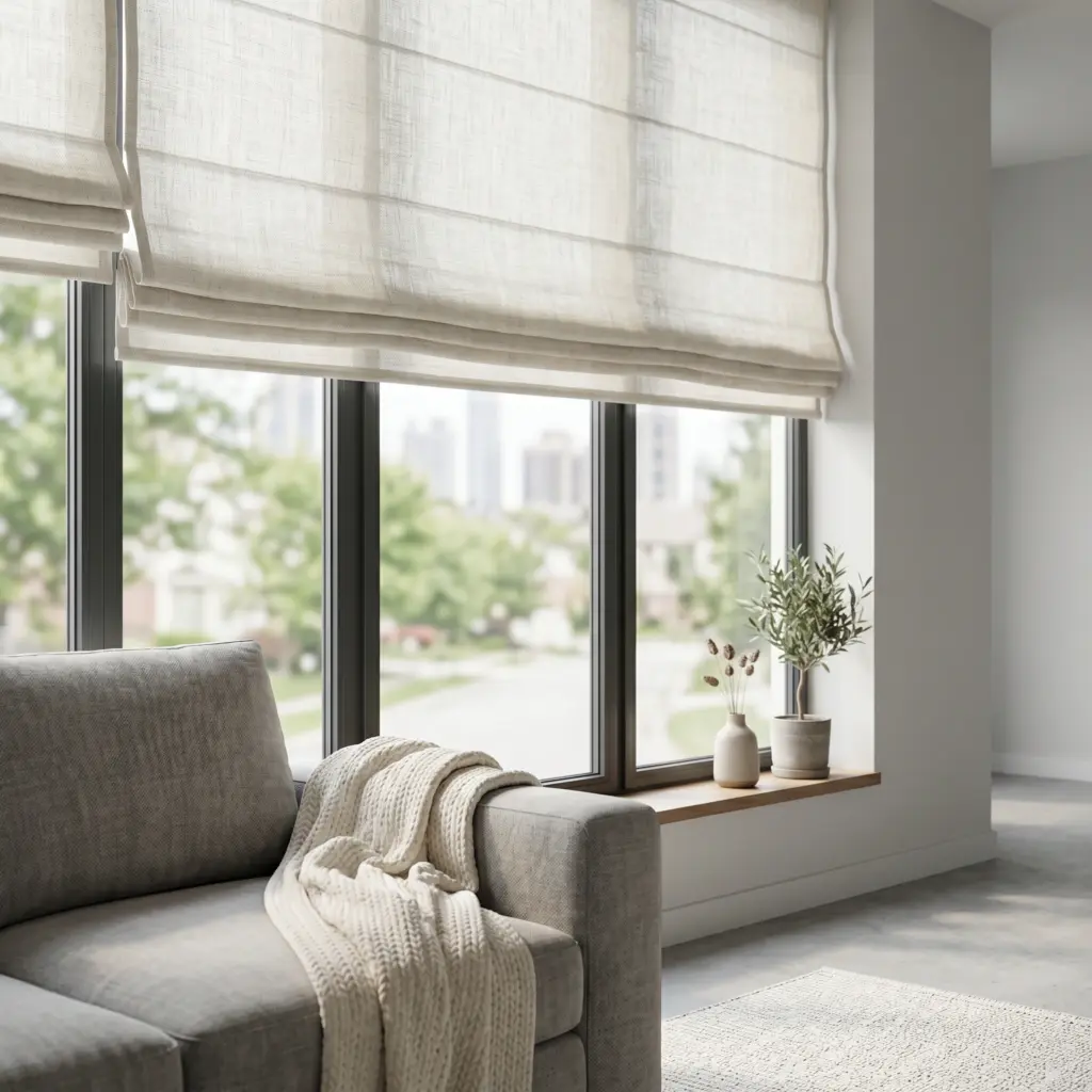 Gentle and relaxing soft fabric Roman blinds in a premium apartment living space.