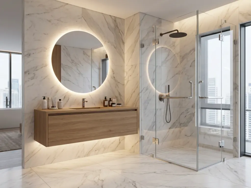 Spa quality washroom showcasing expert property renovation Dubai plumbing and tiling solutions.