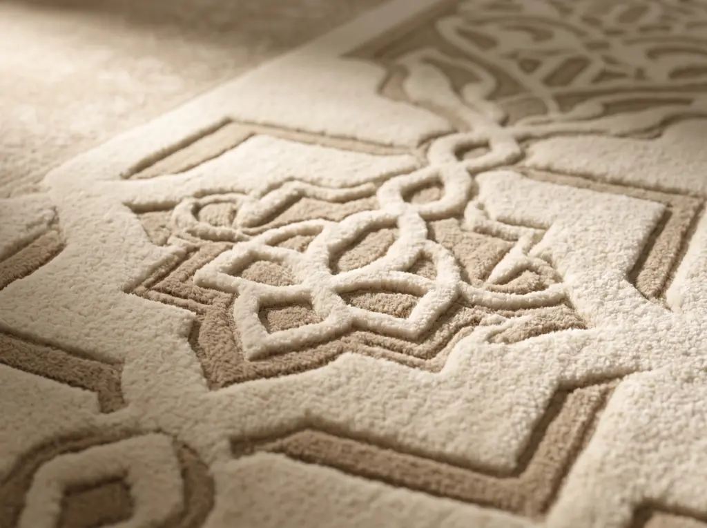 Three dimensional carved inlay patterns enhancing luxury custom rugs Dubai.
