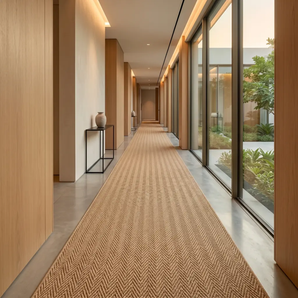 Architectural interest and subtle movement introduced by herringbone sisal rugs Dubai.