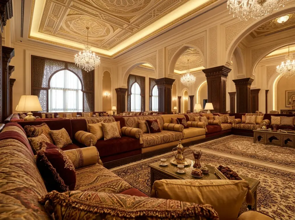 Exquisitely upholstered traditional majlis seating in a grand room.