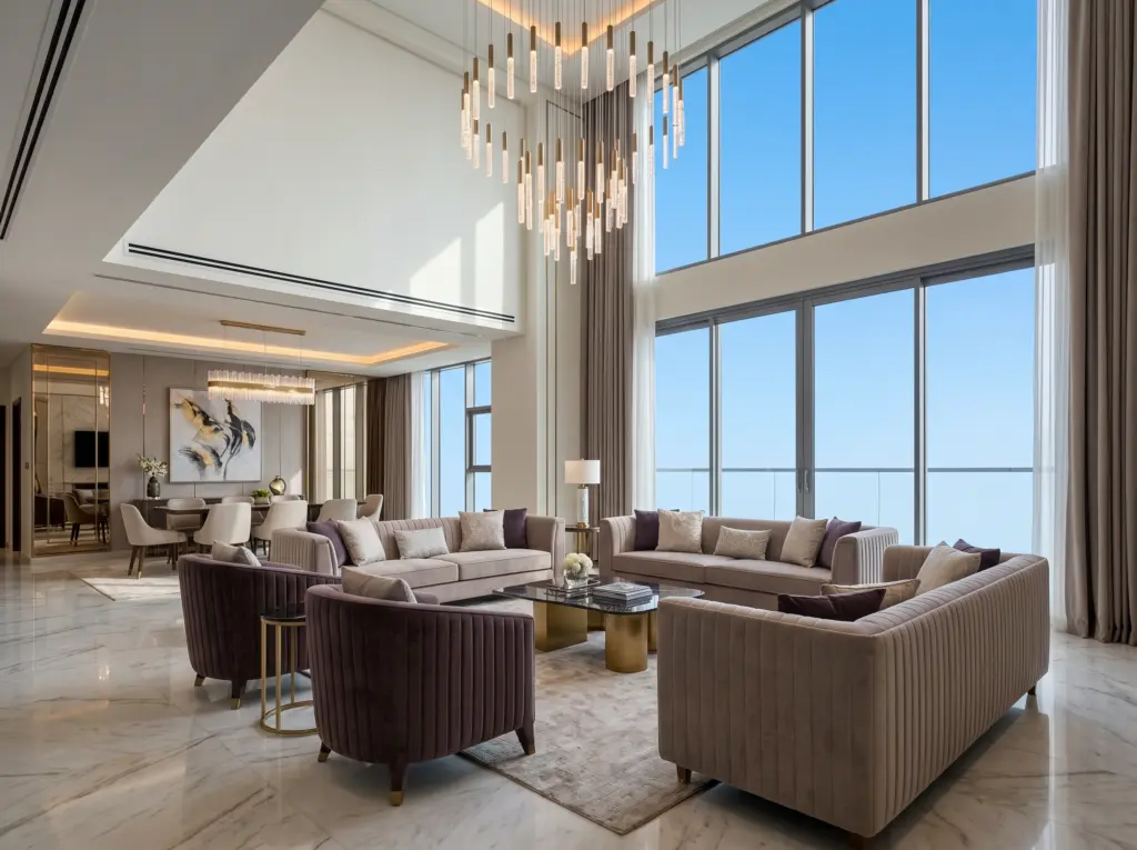 Luxurious living space demonstrating premium apartment renovation Dubai for high rise penthouses.