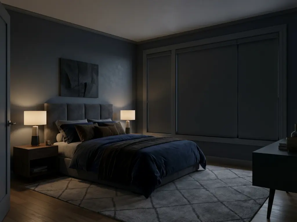 Master bedroom equipped with high density blackout fabrics for absolute darkness and deep rest.