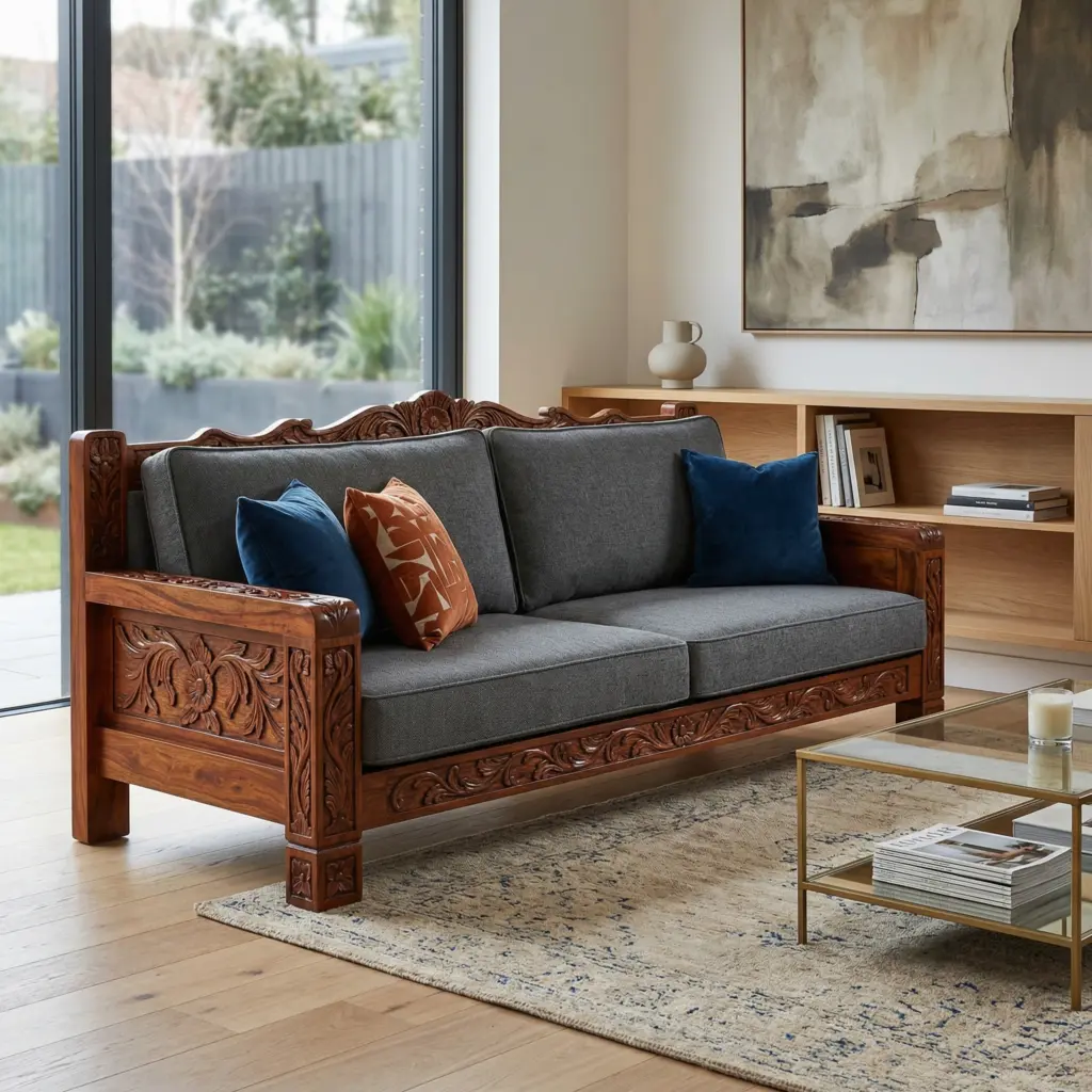 Robust masterfully carved timber wooden sofa in a modern home.