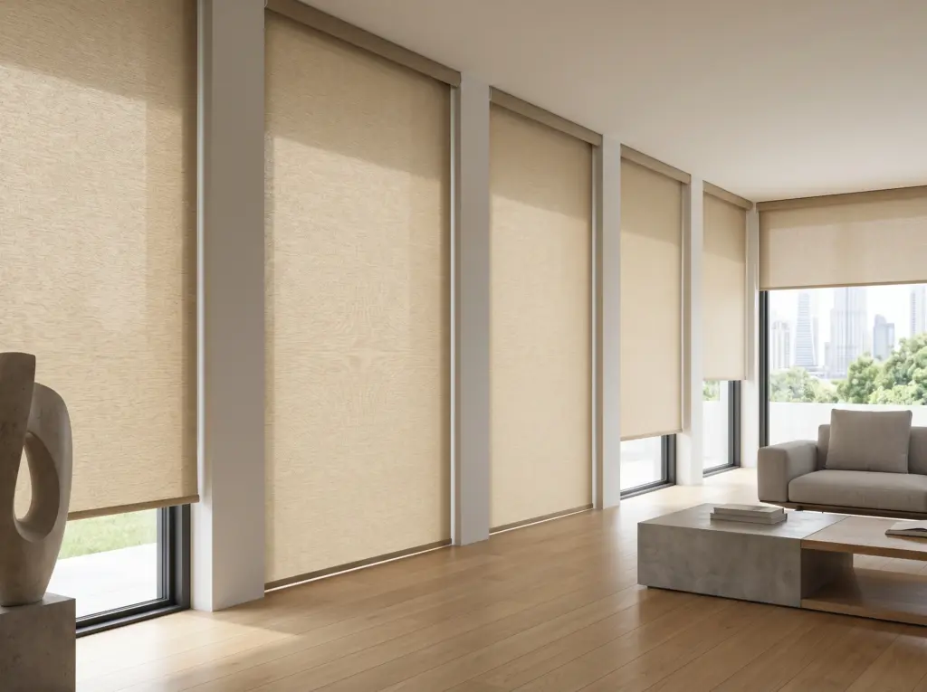 Contemporary minimalist aesthetic featuring a vast selection of roller fabric window covers.