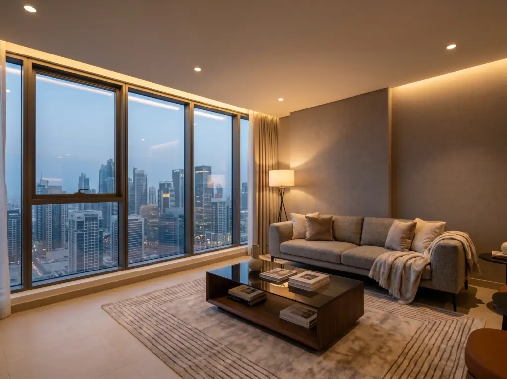 A beautifully upgraded high rise apartment living space showcasing expert property renovation Dubai.
