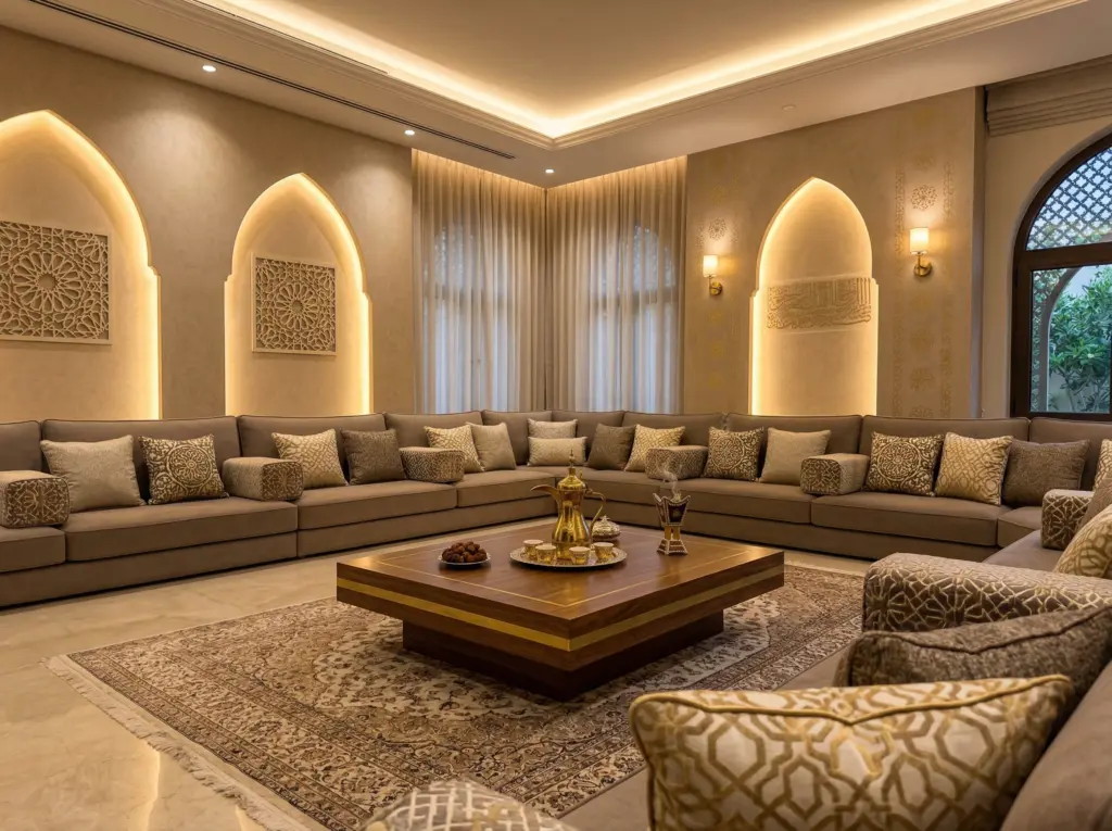 Traditional yet modern Arabic Majlis featuring plush floor seating and cultural geometric patterns.