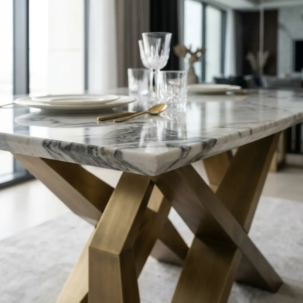 Expansive custom dining table featuring a polished modern marble top and artistic base.