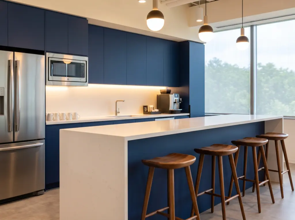 A vibrant and relaxing corporate pantry upgraded through top tier office renovation Dubai.
