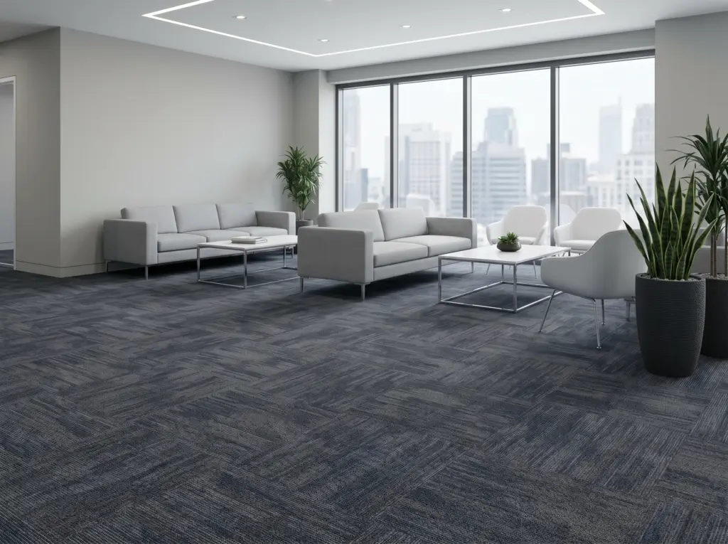 Calming and disciplined office atmosphere created with timeless grey and blue neutral carpet tones