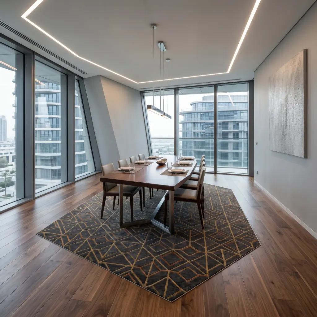 Non standard shaped custom rugs Dubai complimenting unconventional room geometries.