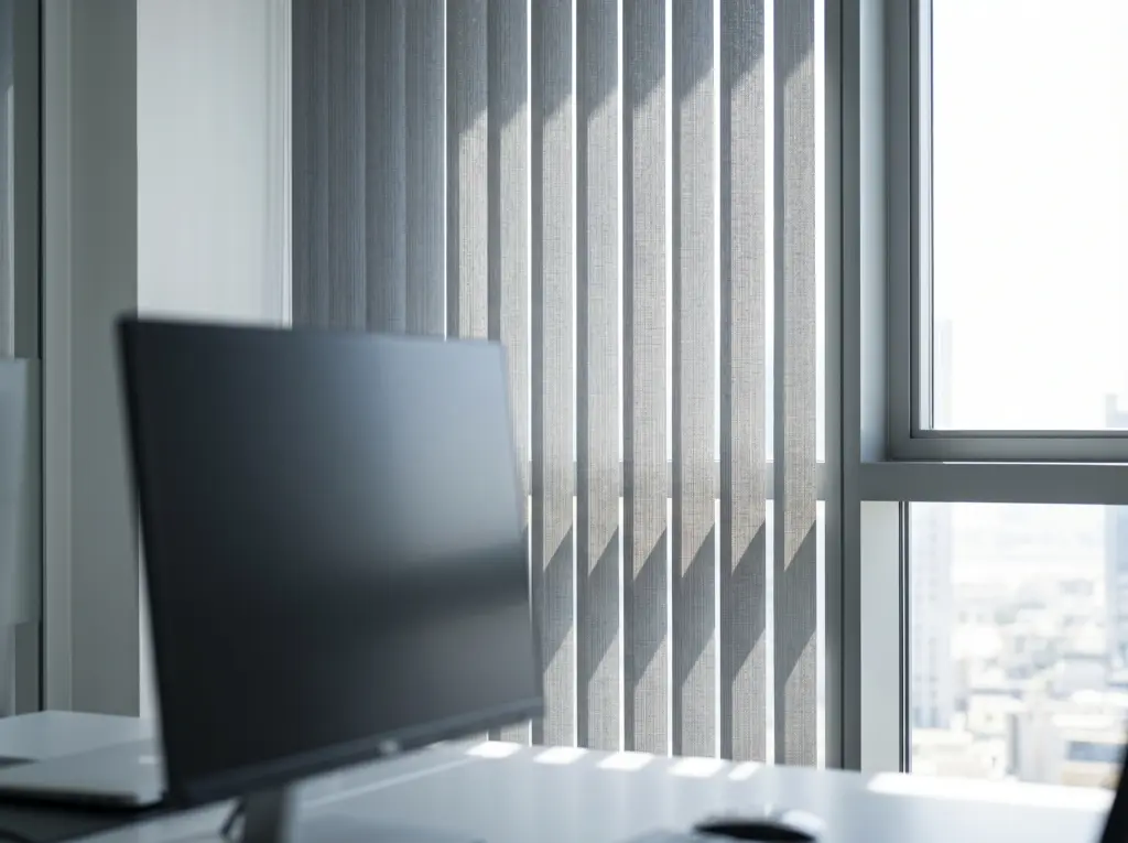Highly durable vertical blind systems reducing screen glare in a demanding professional office.