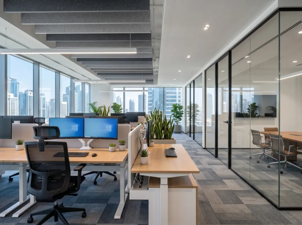A modern, ergonomic corporate workspace transformed by expert property renovation Dubai contractors.