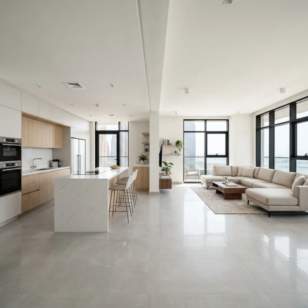 Open concept atmosphere achieved via apartment renovation Dubai wall modifications.