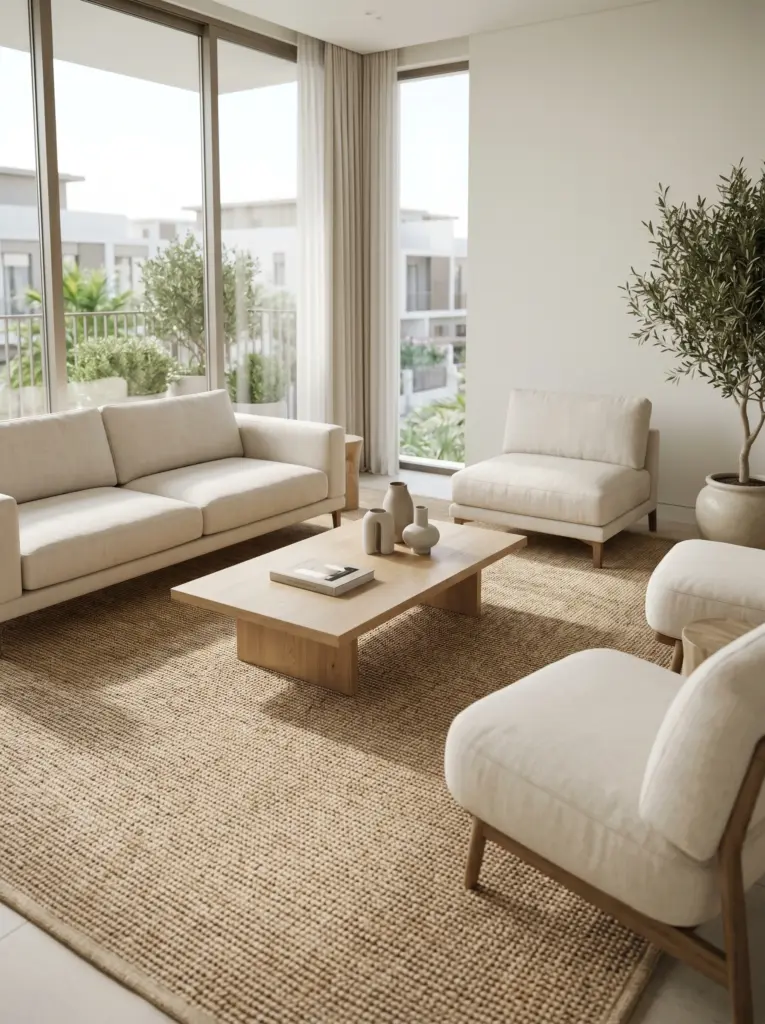 Sustainable and beautifully earthy sisal rugs Dubai adding warmth to a modern space.