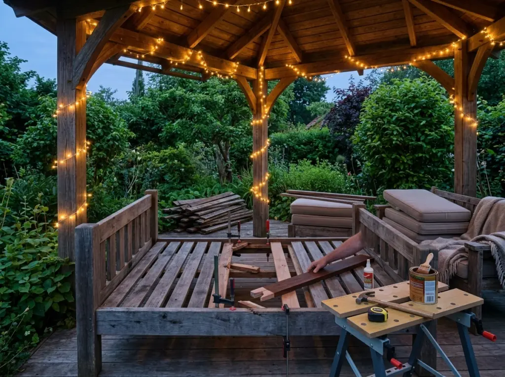 Sturdy outdoor wooden furniture under a beautifully lit gazebo.