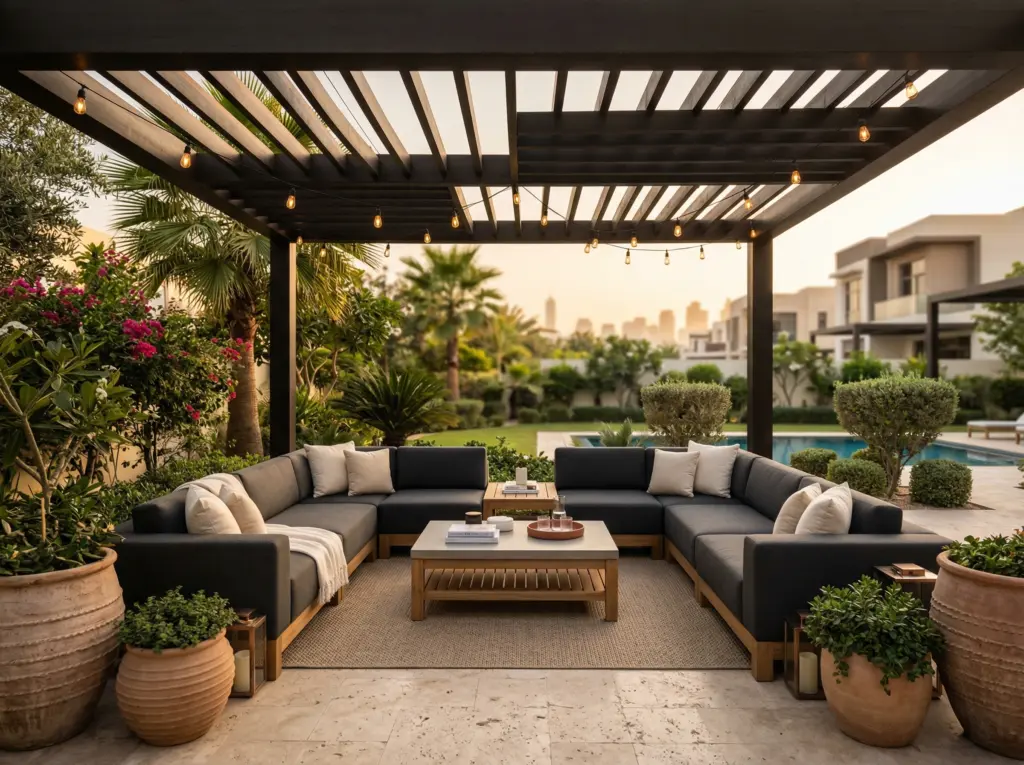 Durable and weather-resistant custom outdoor lounge furniture on a Dubai patio.