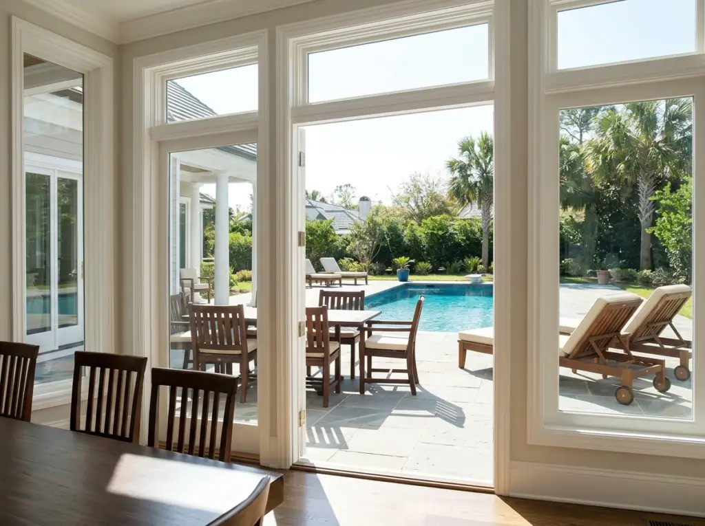 Restored dining chairs and patio furniture overlooking a private pool.