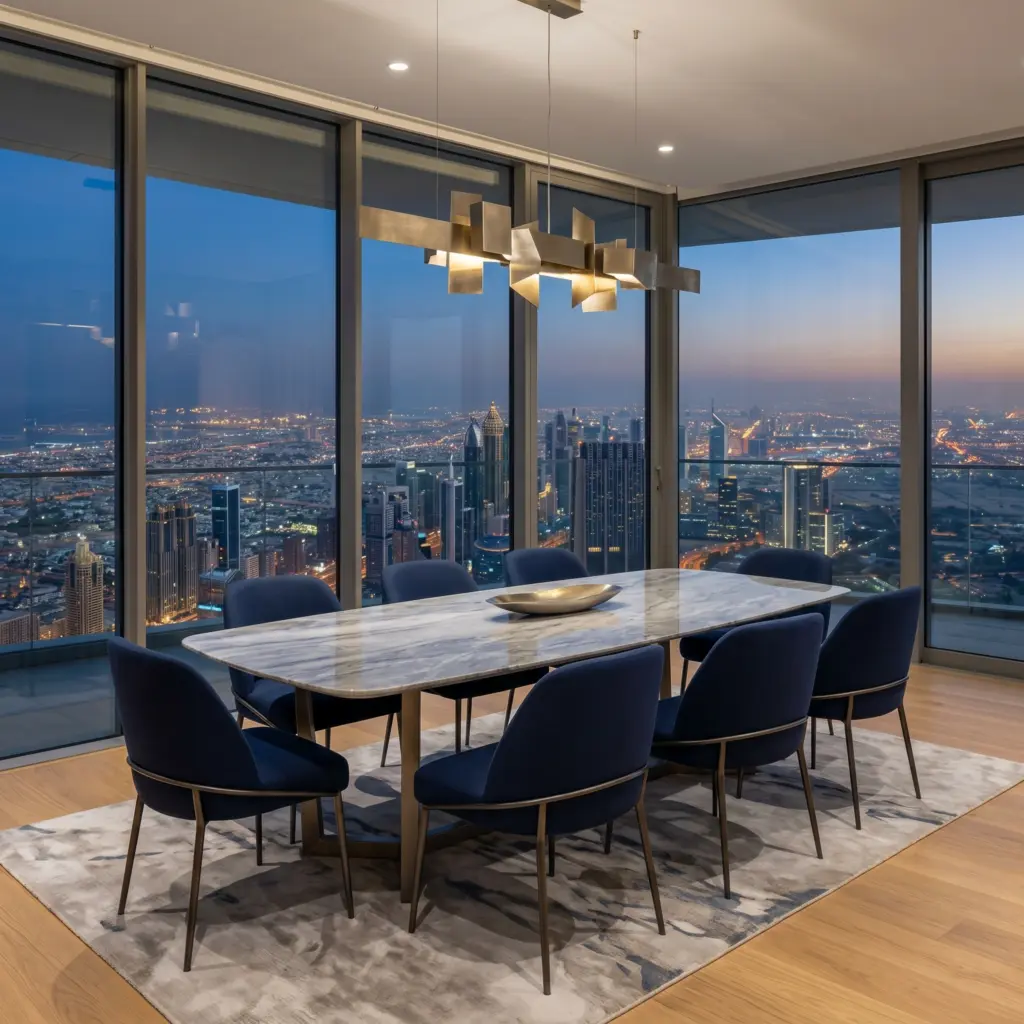 Tailored dining environment in a high rise flat reflecting apartment renovation Dubai excellence.