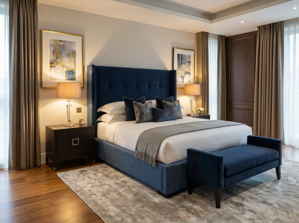 Personalized bed frame with a majestic upholstered headboard.