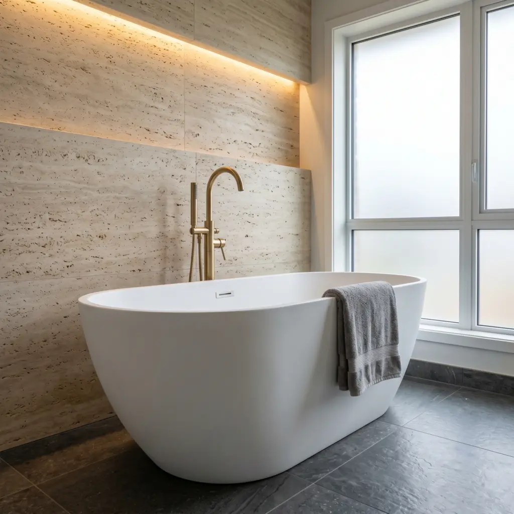 Elegant freestanding tub and modern fixtures installed by expert property renovation Dubai professionals.