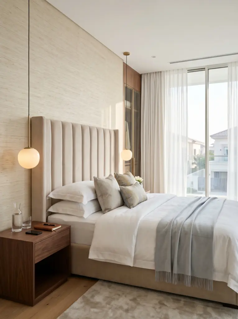 An elegant bedroom interior reflecting expert property renovation Dubai quality and premium materials.