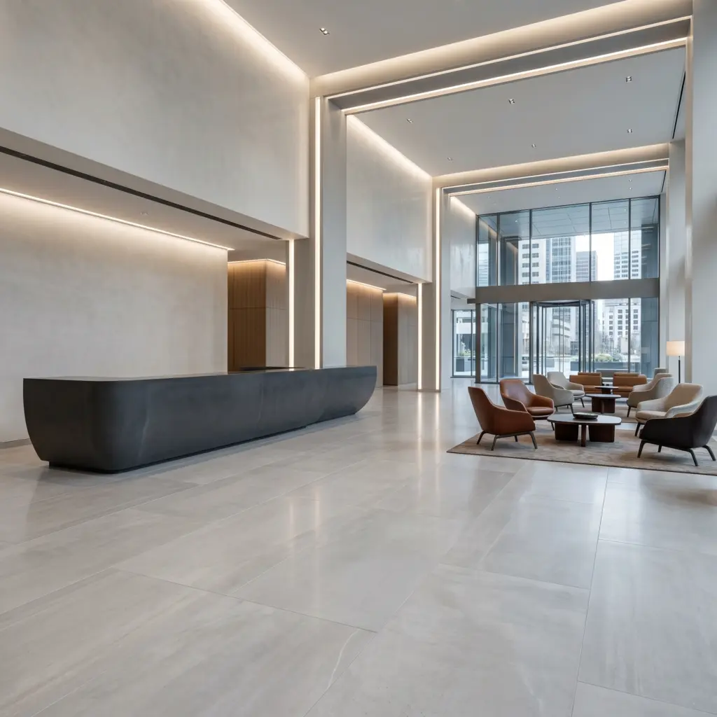 A powerful first impression created by an immaculate office renovation Dubai entrance.