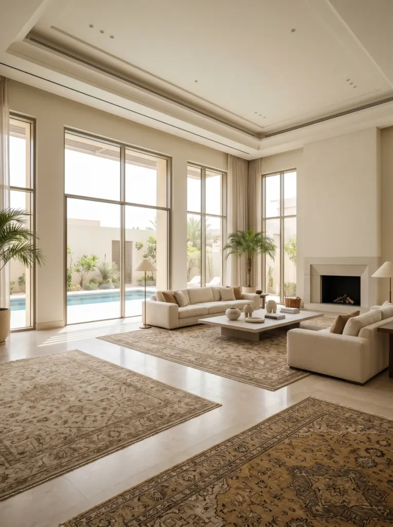 Expansive estate living area enhanced by premium handmade rugs Dubai.