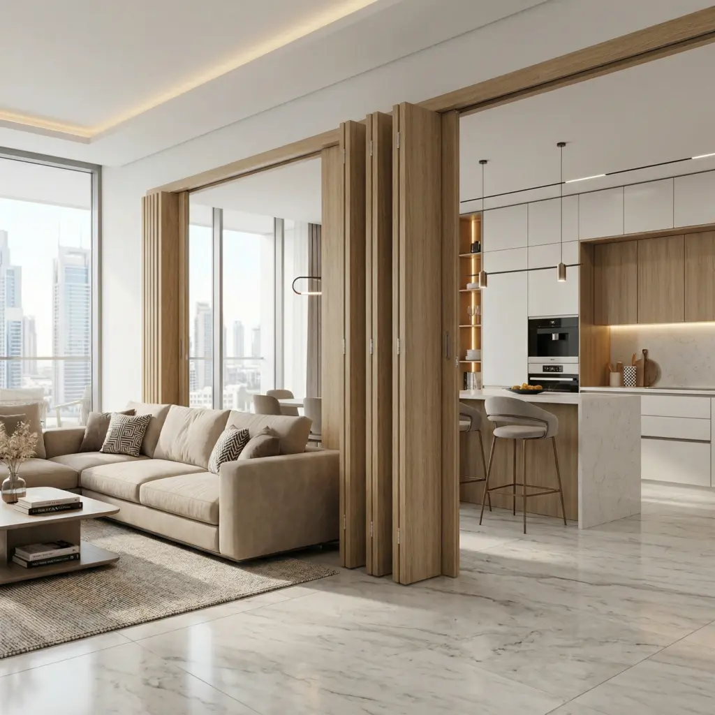 High-quality PVC folding door dividing a modern Dubai living space.