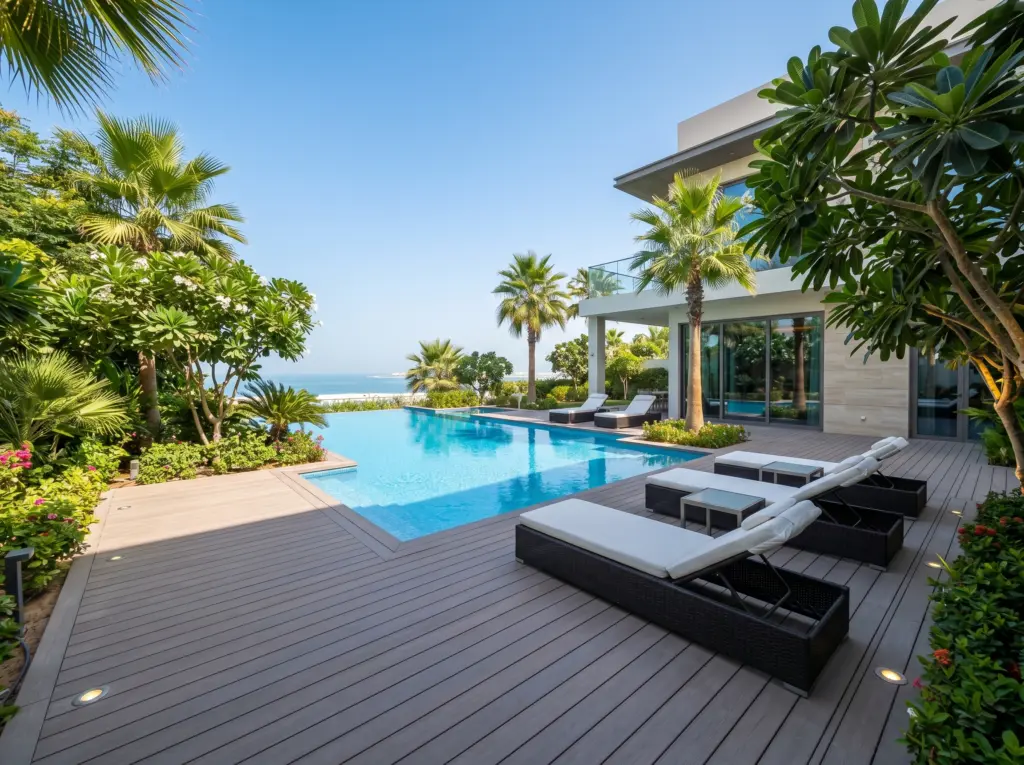 Custom aquatic installation and decking as part of a complete villa renovation Dubai package.