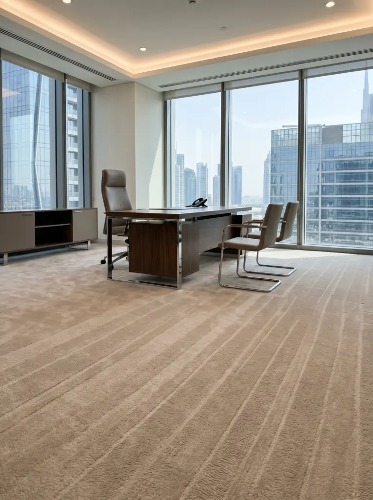 Elegant executive office space featuring premium commercial carpeting tailored for corporate needs