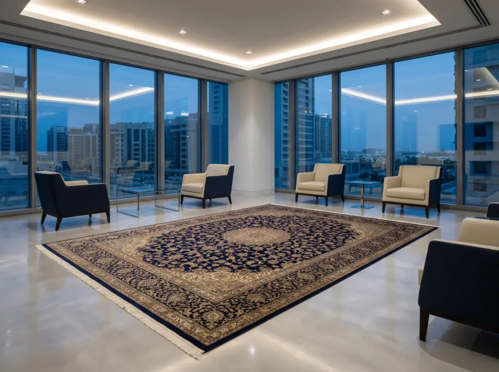 Shimmering pure silk Persian handmade rugs Dubai reflecting intricate motifs.