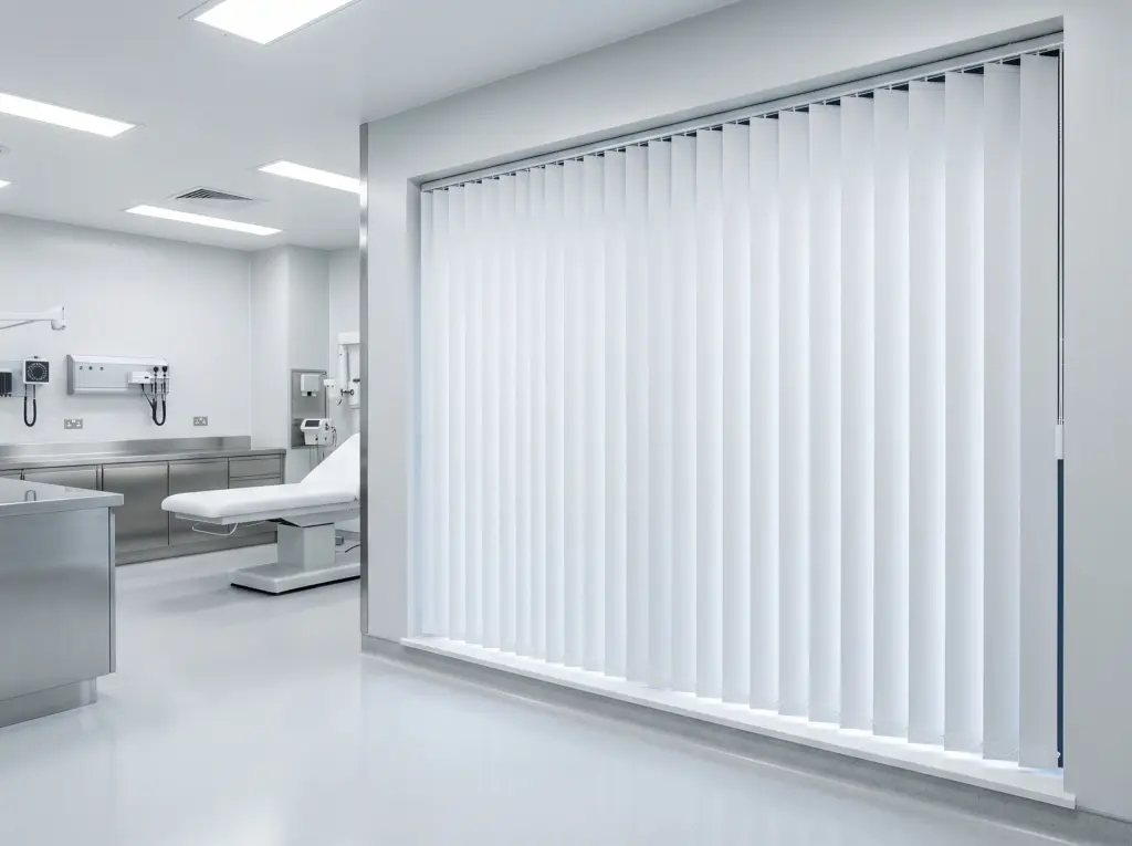 Rigid moisture resistant PVC vertical blinds in a spotless and sterile health facility.