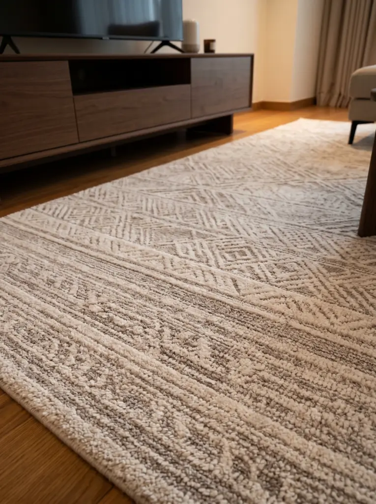 Cozy apartment living room showcasing bespoke custom rugs Dubai with tailored dimensions.