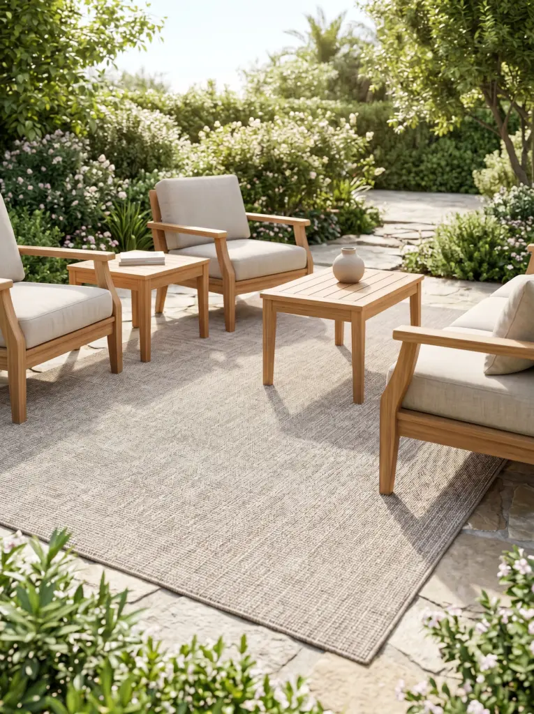 Soft, luxurious yet durable outdoor rugs Dubai adding comfort to a sunny garden seating area.
