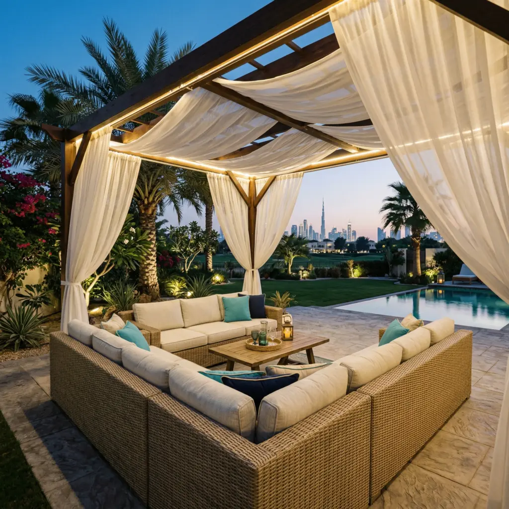 Elegant outdoor loungers and a custom gazebo transforming a backyard into a resort-style retreat.