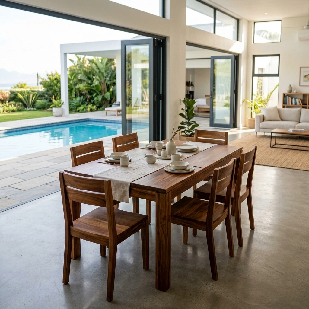 Fully restored wooden dining table and chairs in an open plan living area.