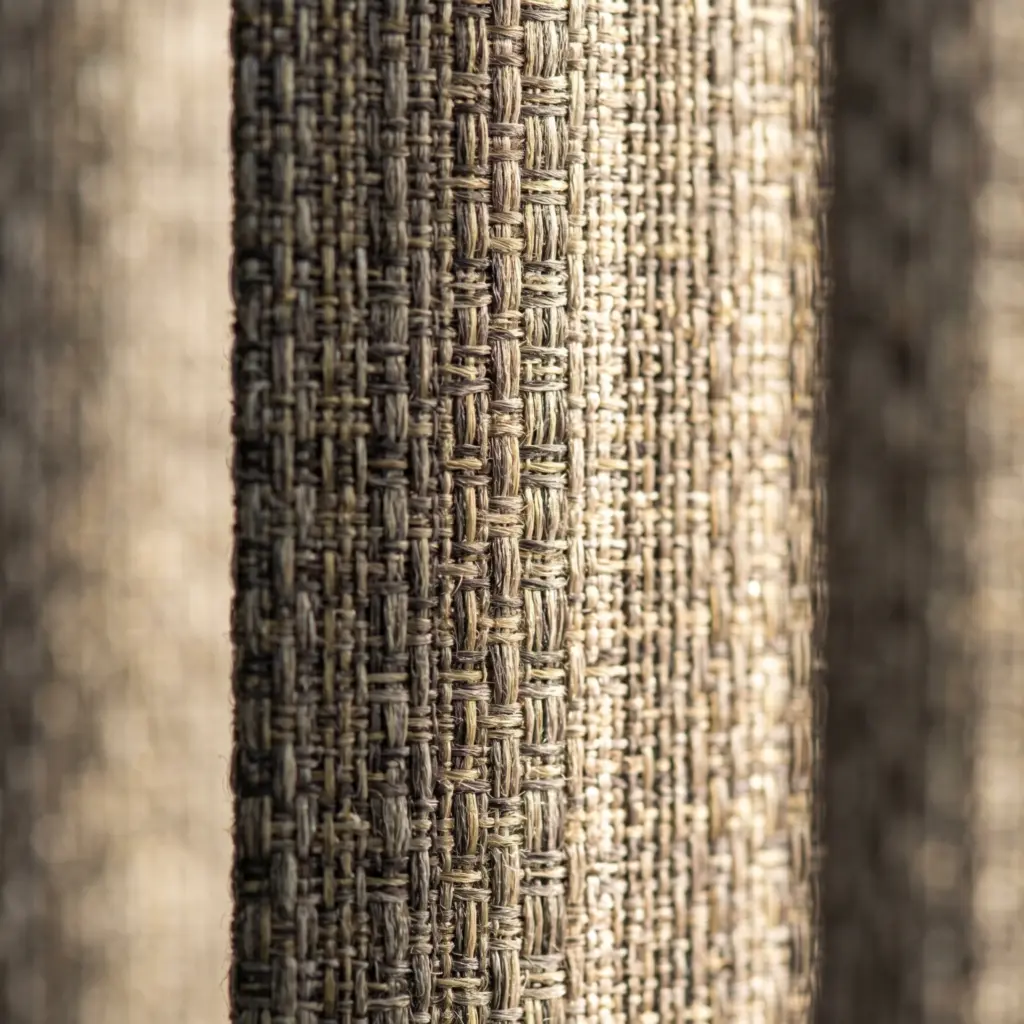 Intricately woven textured vertical blinds adding visual depth to an elegant lounge interior.