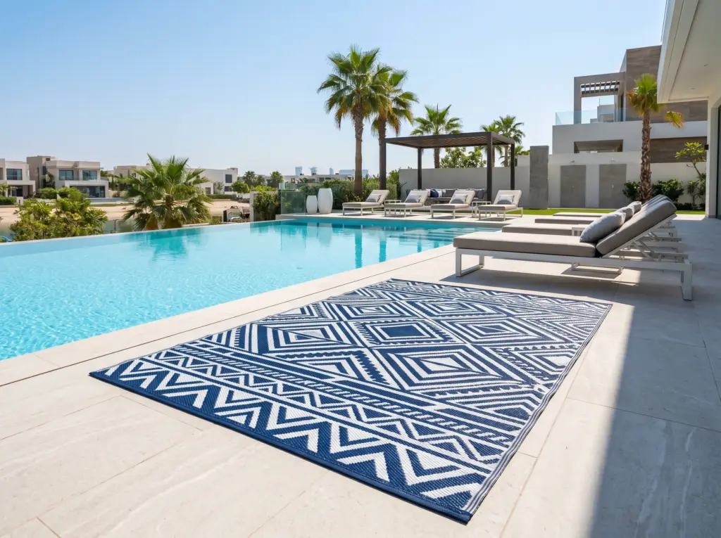 Weatherproof balcony outdoor rugs Dubai providing serious protection and casual style.