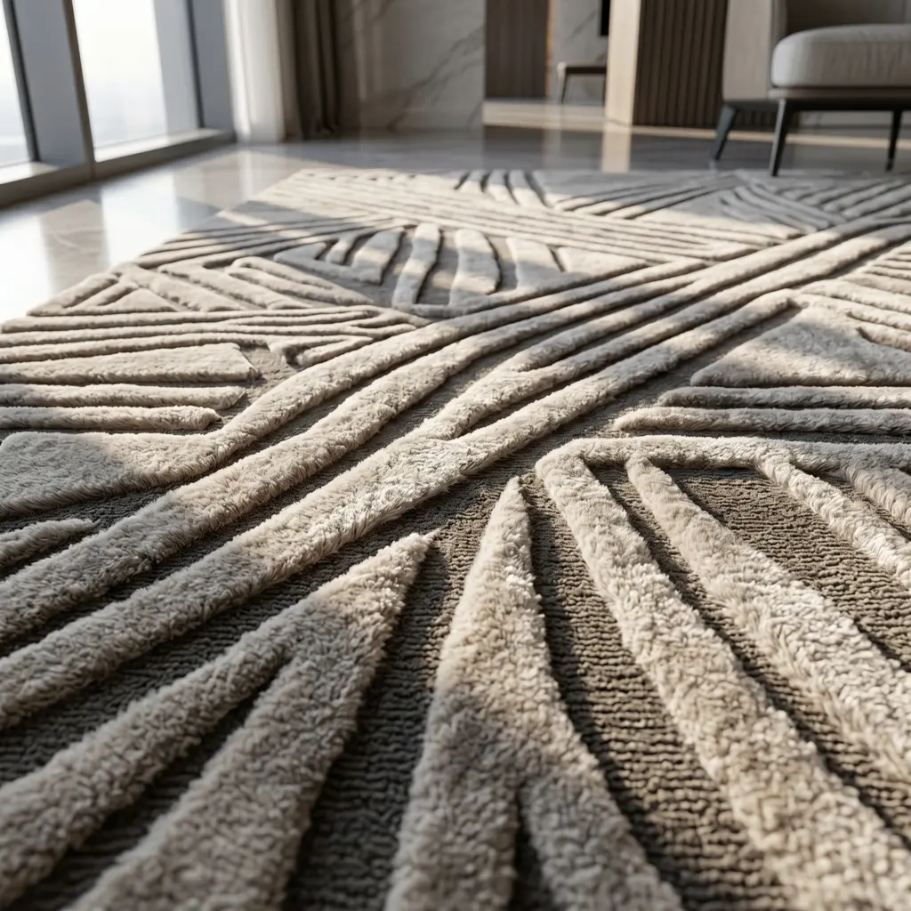 Dramatic textures and acoustic enhancing custom rugs Dubai with carved details.