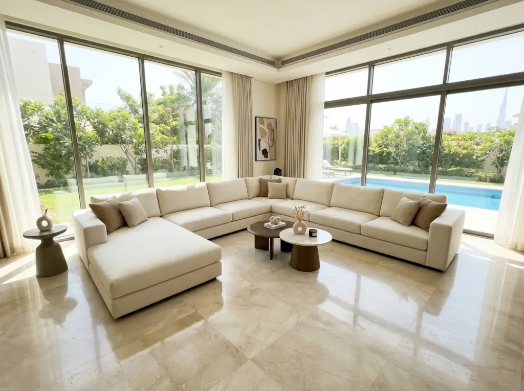 A sleek upholstered sofa in a bright modern office lounge.