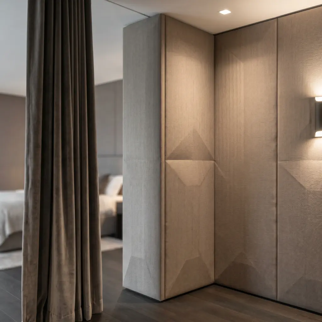 Thick acoustic paneling and curtains for a soundproof bedroom renovation Dubai