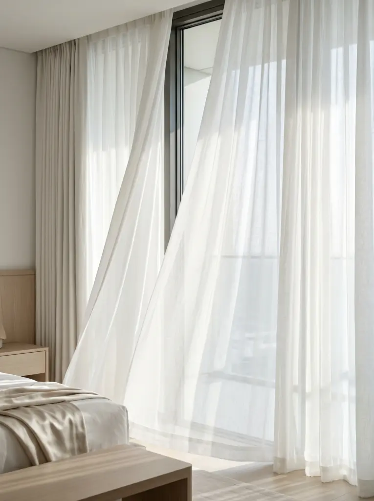 Custom sheer linen curtains Dubai in a bright bedroom