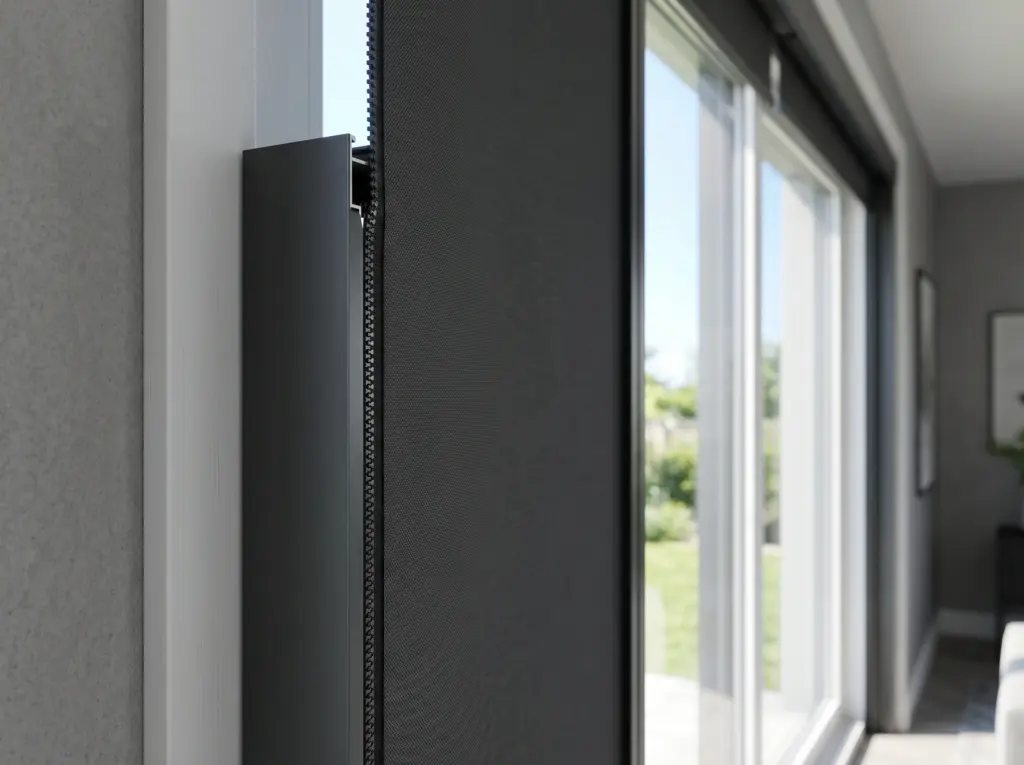 Custom engineered track guided framing structures blocking edge light on window blinds.