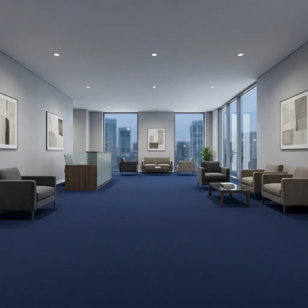 Subtle and professional corporate branding complemented by deep navy and soft charcoal carpets