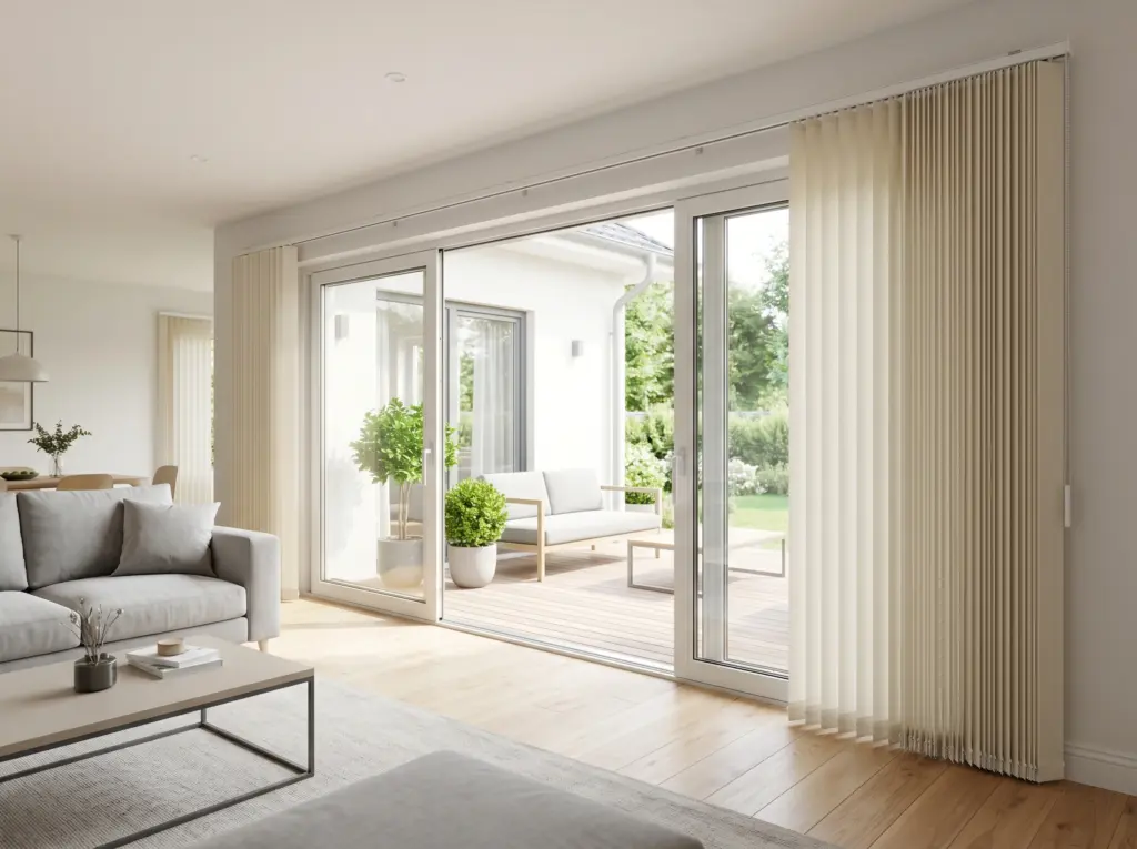 Heavy duty vertical tracking mechanisms providing smooth shading for large sliding patio doors.