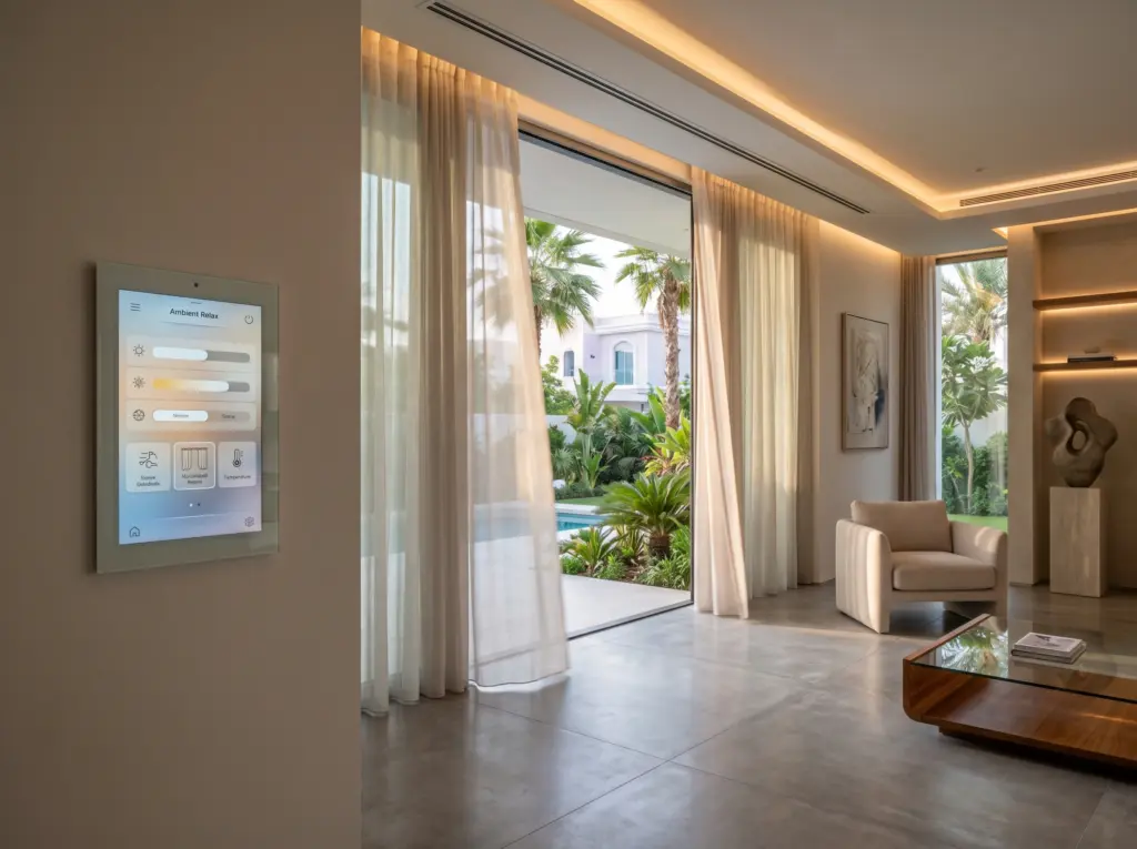 Integrated home technology enhancing convenience in a modern villa renovation Dubai project.