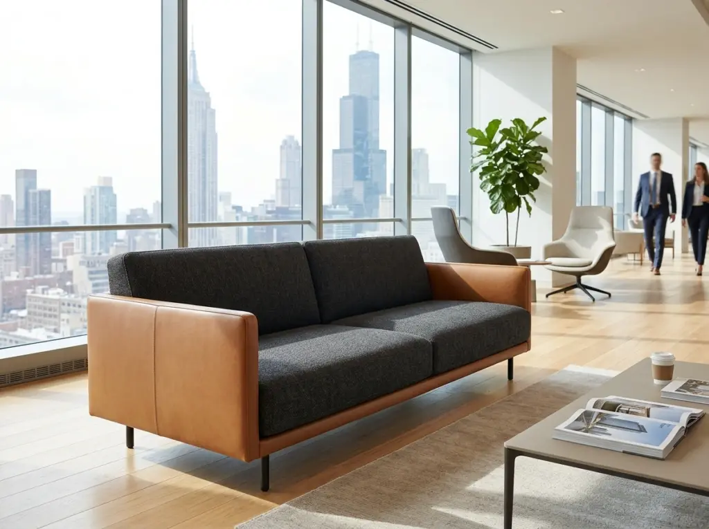 A sleek upholstered sofa in a bright modern office lounge.