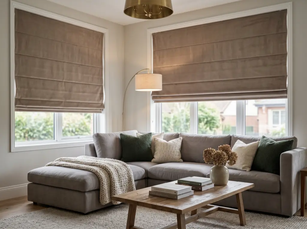 Plush velvet Roman blinds adding warmth to a comfortable living area.