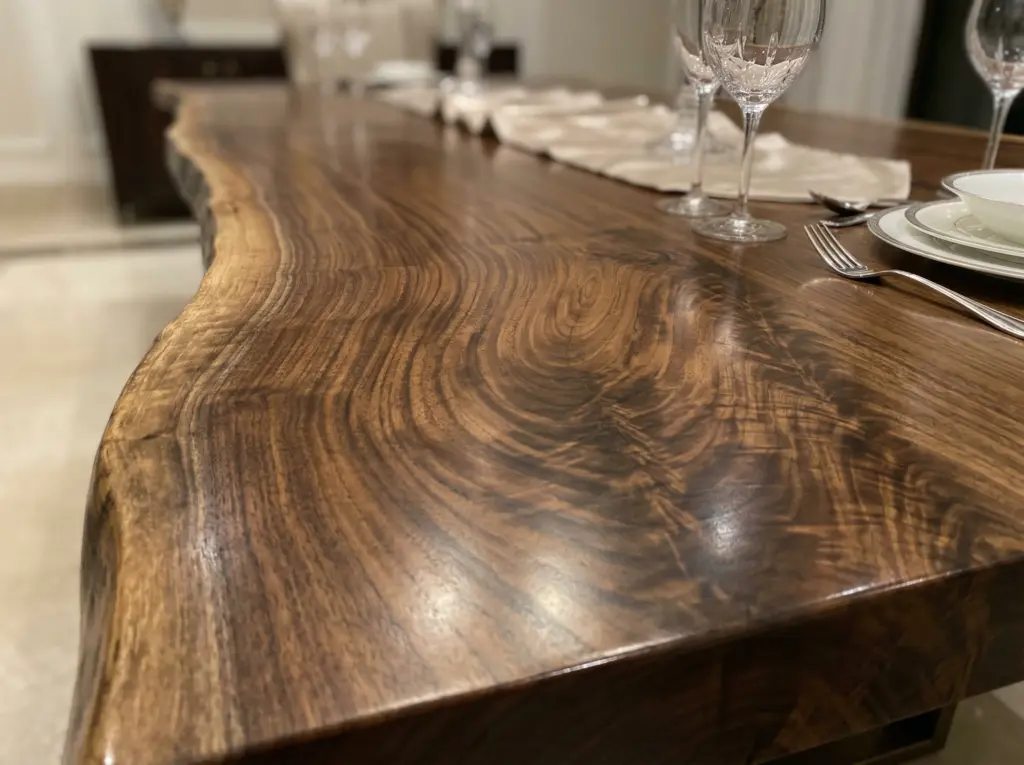 Magnificent custom dining table crafted from solid timber with a natural wood grain finish.